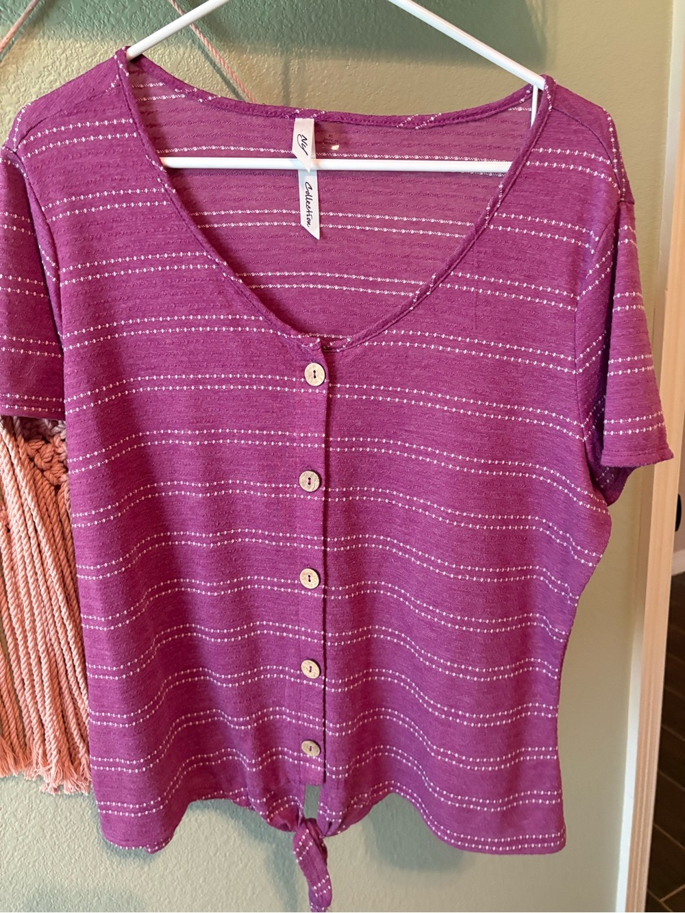 NY Collection Plum Stripe Button-Front Tie Hem Top